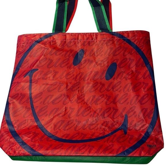 Aerie Green Red Blue Colorblock Smiley Reusable Shopper Tote Bag Ladies Large - Picture 2 of 6
